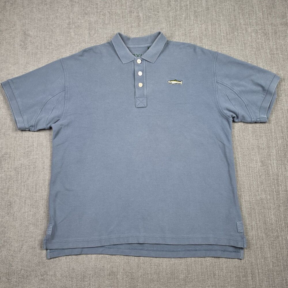 Orvis Men Polo Shirt Large Slate Blue Fish Embroidered Short Sleeve Cotton Pique